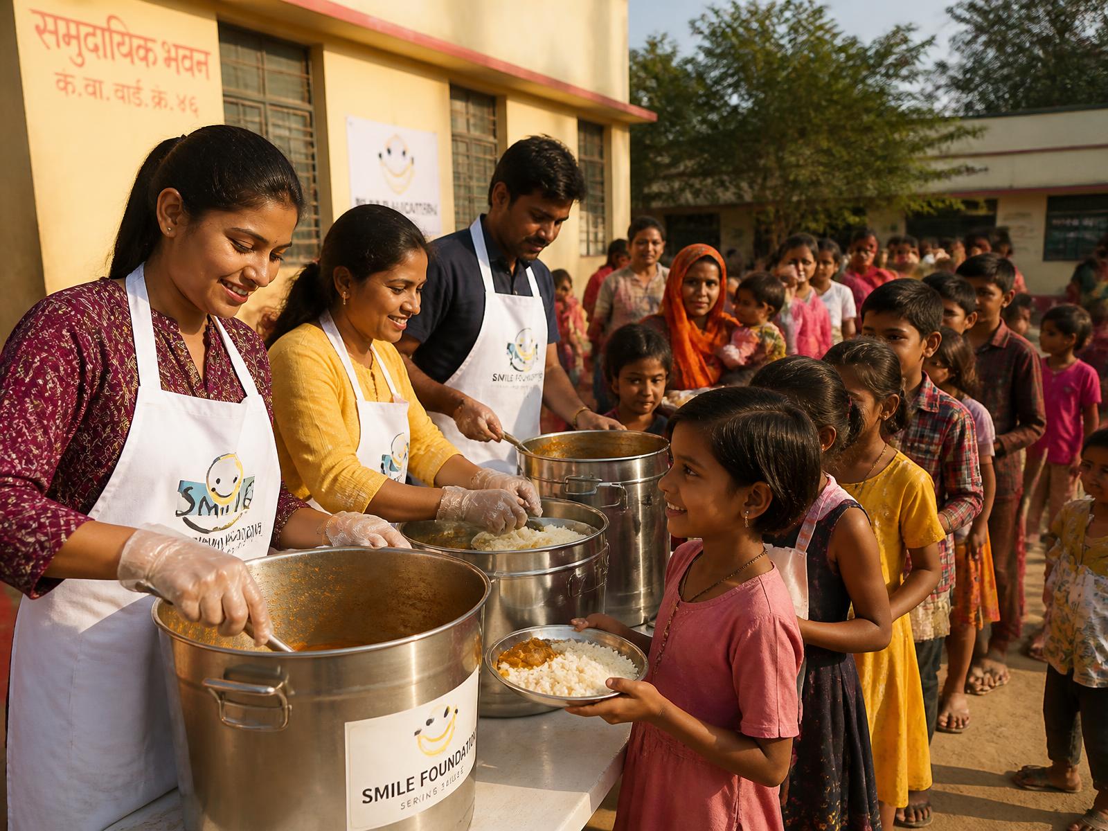 Volunteers serving hot meals to children and families at a community kitchen